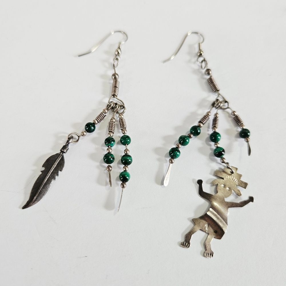 Vtg Sterling Silver Native American Malachite Kachina Feather Kokopelli Earrings